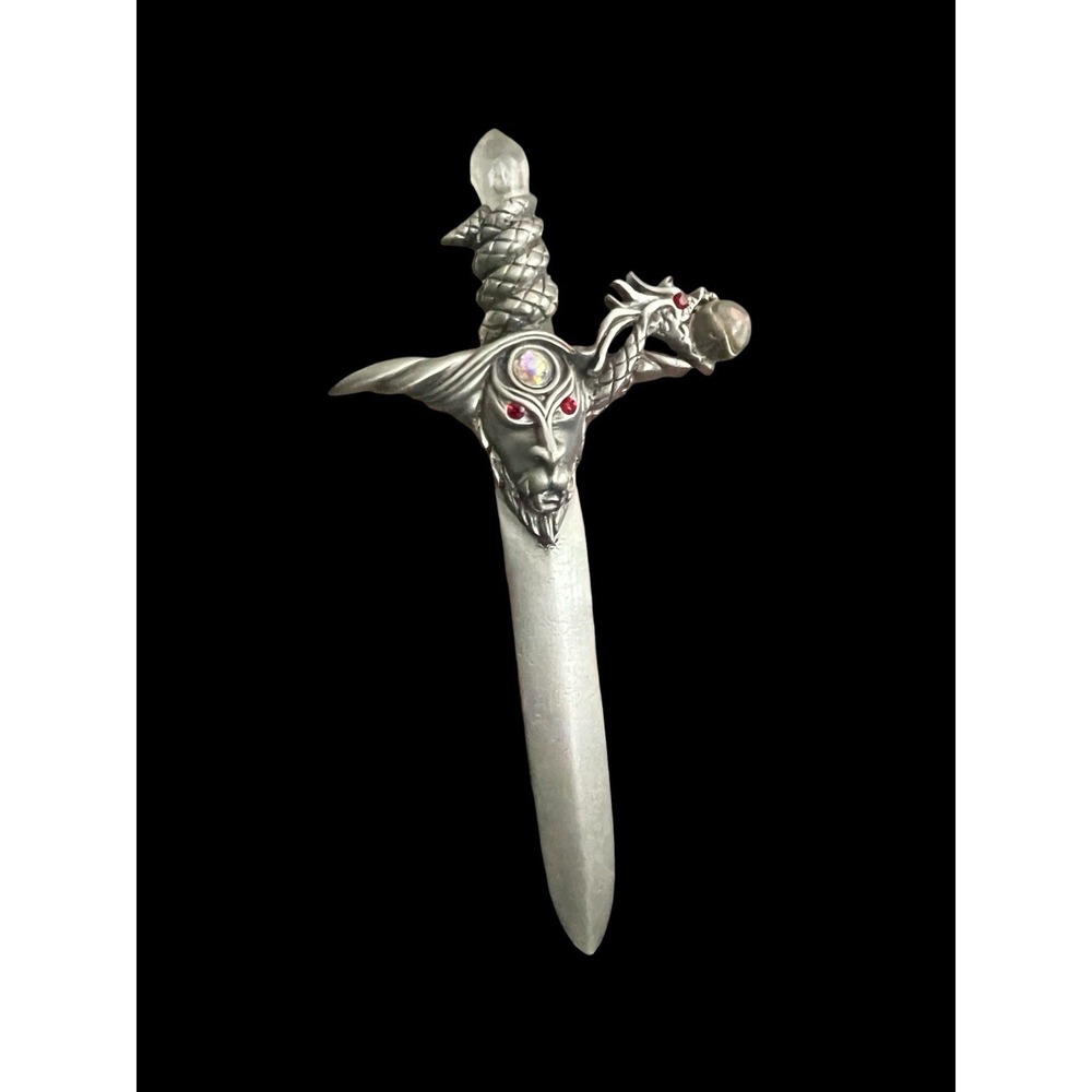 Vtg Serpentine Dragon & Wizard Sword Pewter Tone Pin Medieval Gothic JJ Jonette